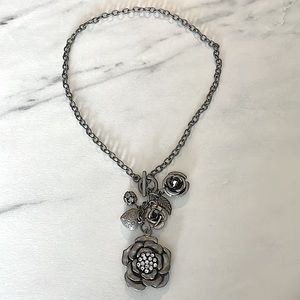 Silver Tone Pewter Rose & Rhinestone Toggle Necklace